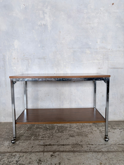 Mid Century Walnut & Chrome Drinks Trolley on Castors