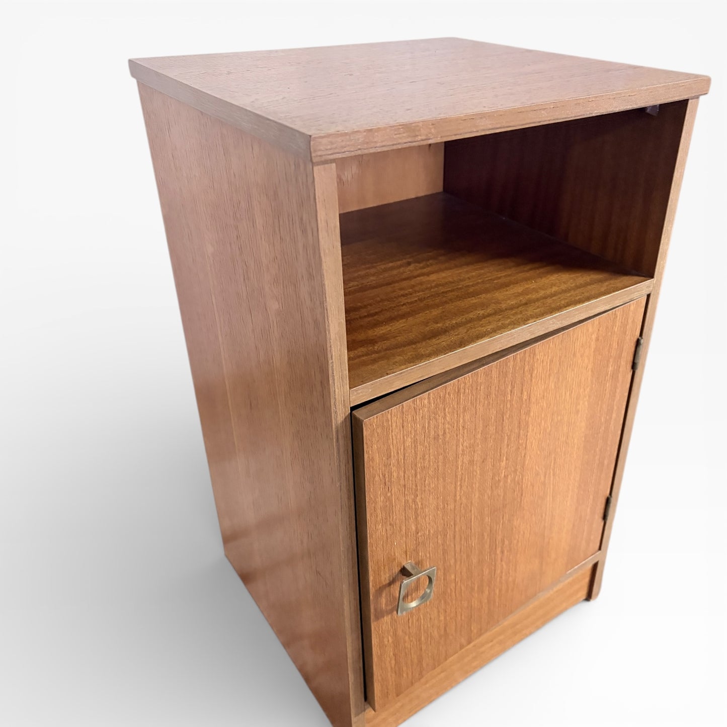 Mid Century Bedside Cabinet | Teak Stag Nightstand with Open Shelf & Cupboard