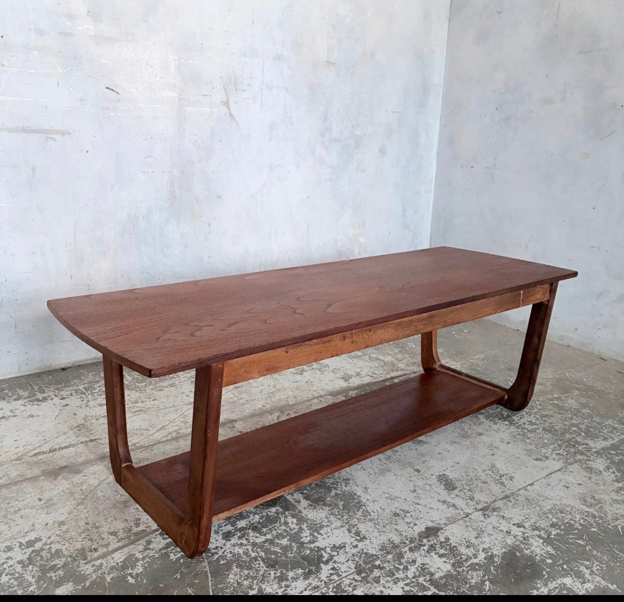 Mid Century Vintage Teak Sleigh Leg Coffee Table with Magazine Shelf