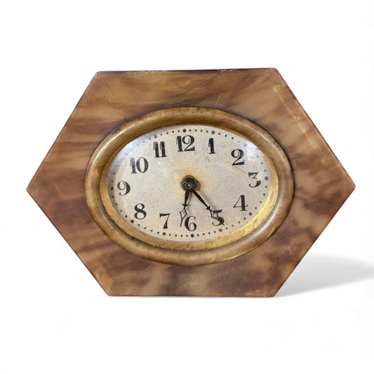 Art Deco Mantel Clock – Hexagonal Vintage Shelf Clock With Marbled Bakelite Design