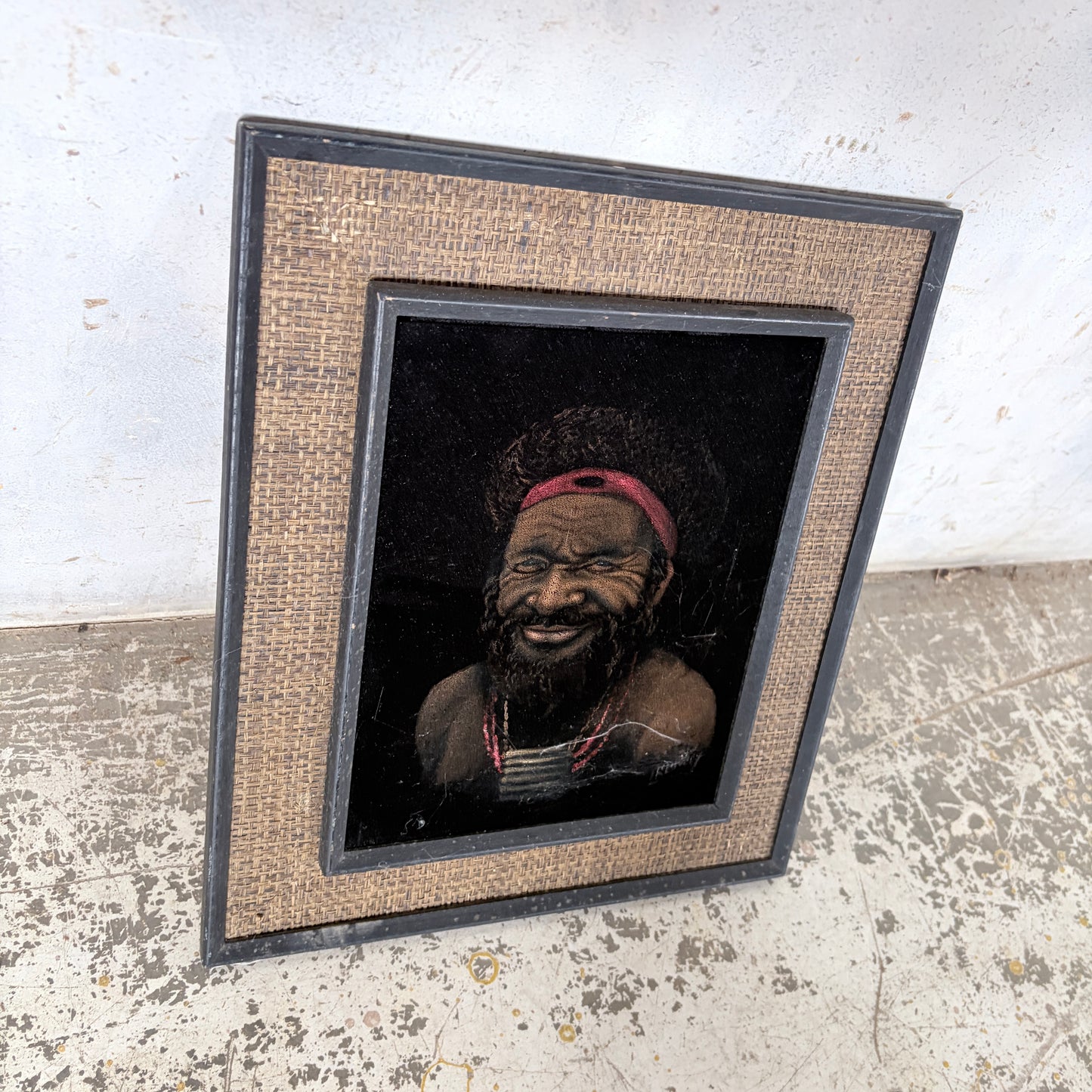Vintage Papuan Highlander Portrait Painting in Original Hessian Frame