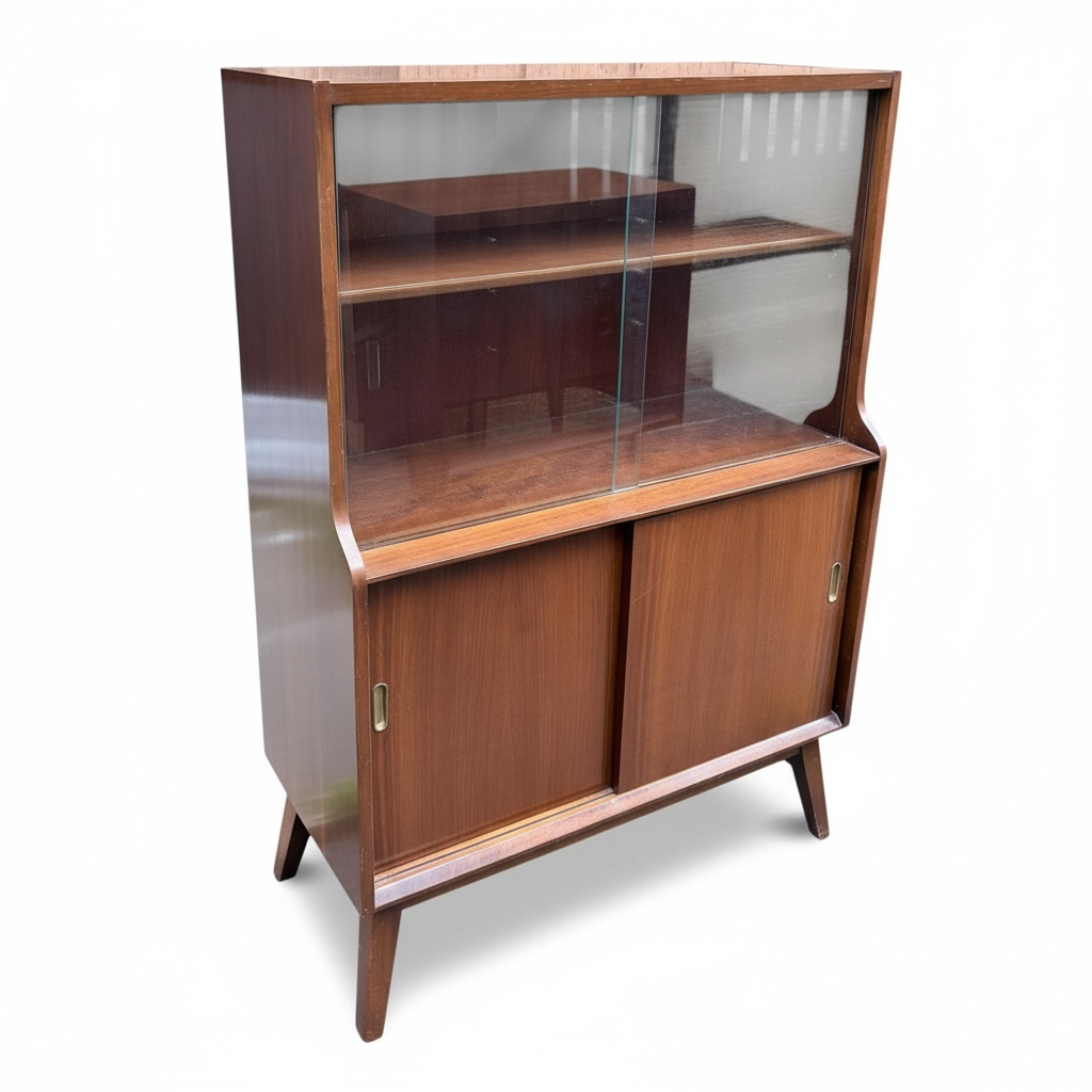 Mid Century Display Cabinet – Walnut Glazed Bookcase With Sliding Glass Doors