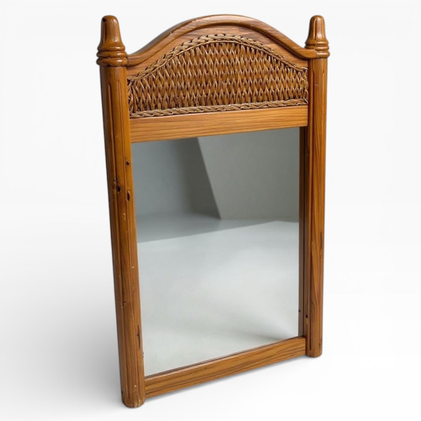 Antique Farmhouse Mirror – Large English Pine Rustic Wall Mirror with Arched Wicker Panel
