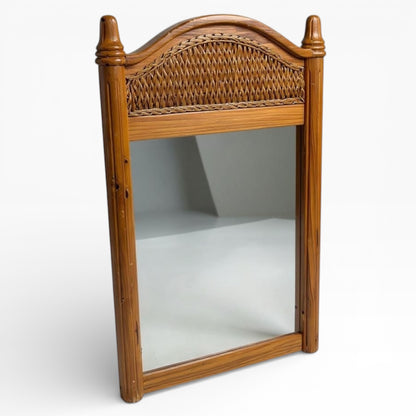 Antique Farmhouse Mirror – Large English Pine Rustic Wall Mirror with Arched Wicker Panel