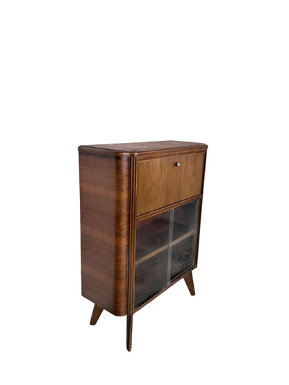 Art Deco Walnut Bureau Drinks Cabinet with Glazed Display