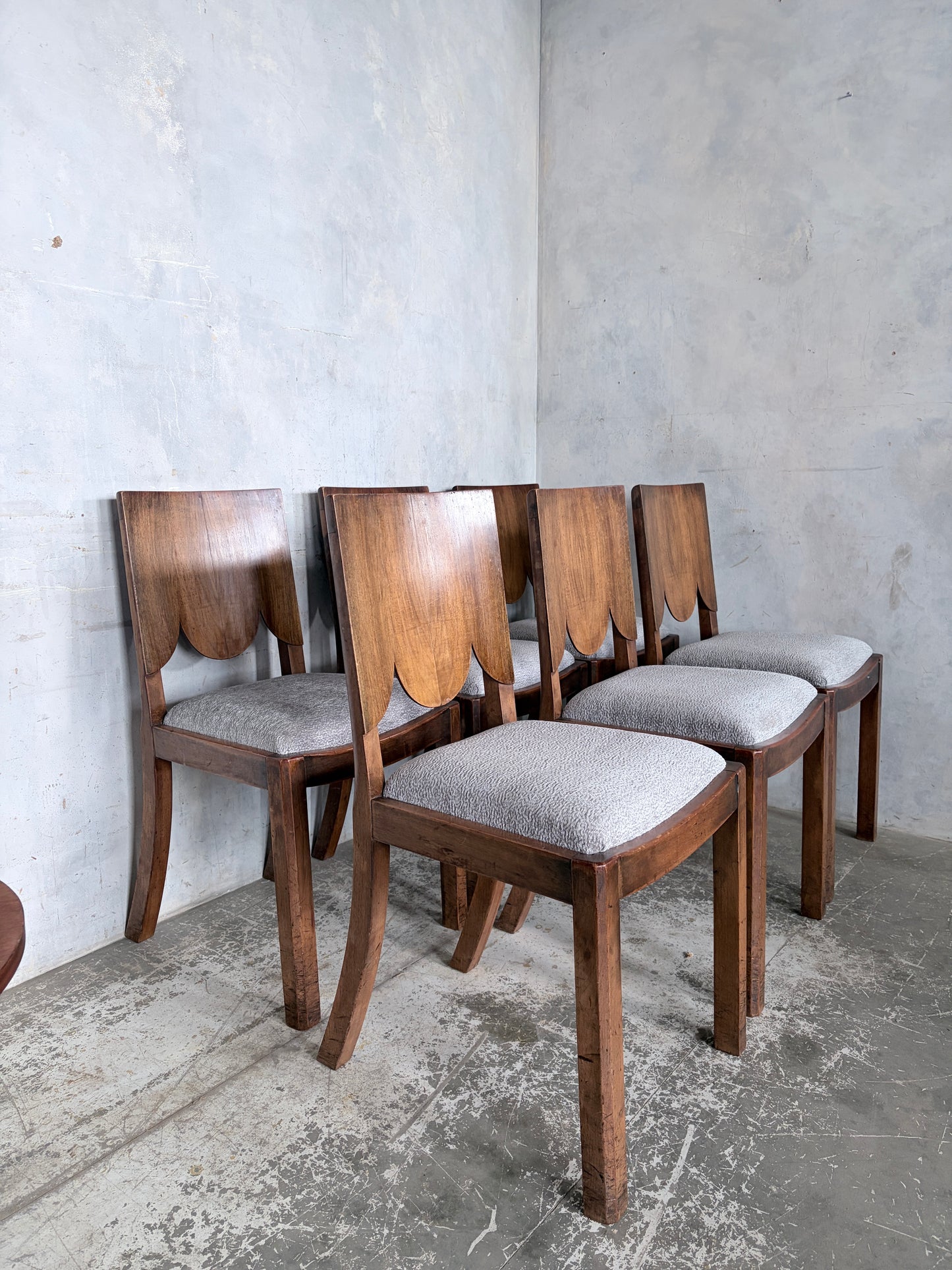 Art Deco Walnut Dining Chairs – Set of Six Sculptural Vintage Dining Chairs