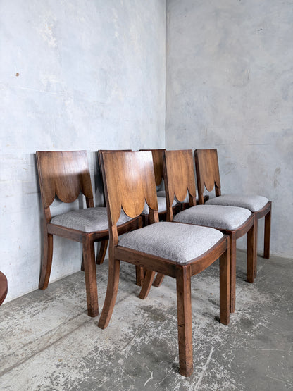 Art Deco Walnut Dining Chairs – Set of Six Sculptural Vintage Dining Chairs