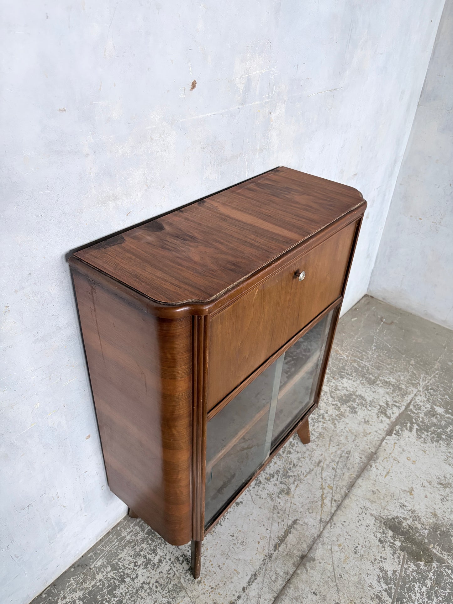 Art Deco Walnut Bureau Drinks Cabinet with Glazed Display