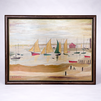 Vintage Coastal Harbour Painting by D. Ayrton – Framed Nautical Wall Art