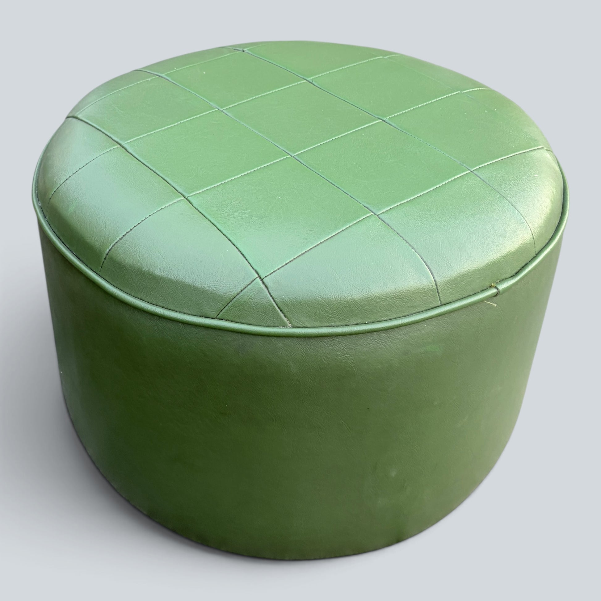 Vintage Mid Century Green Leatherette Pouffe | Round Footstool Ottoman