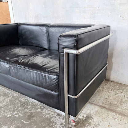 Mid Century Black Leather & Chrome Two Seater Sofa | Le Corbusier LC2 Style