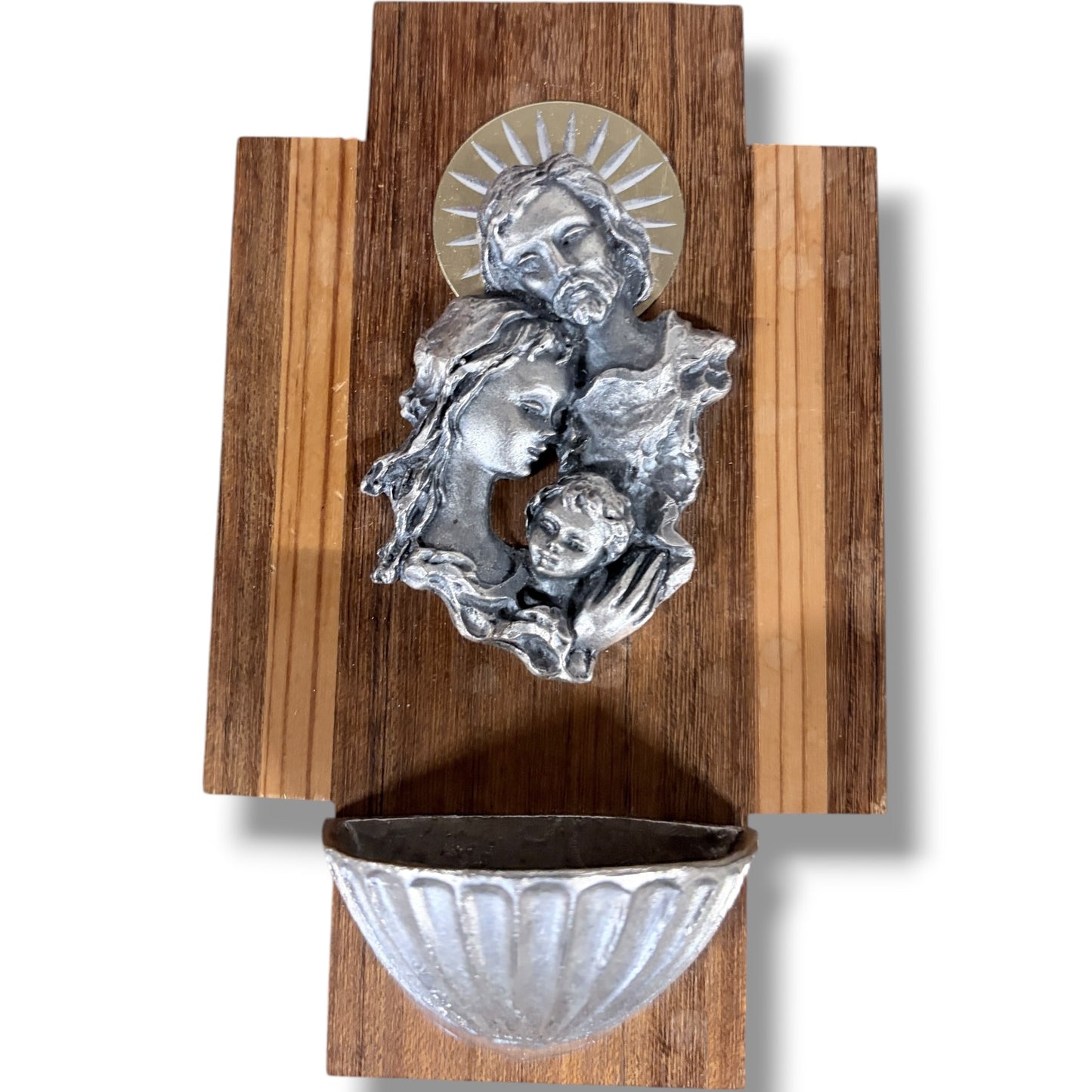 Miniature Holy Water Font – Vintage Wooden Wall Mounted Stoup with Silver Tone Relief Basin — view 4