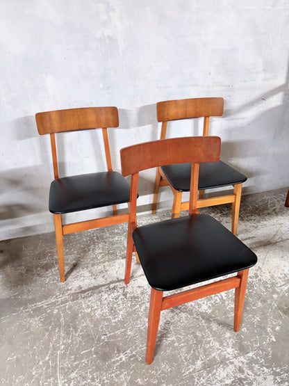 Mid Century Danish Teak Dining Chairs – Set of 3, Black Vinyl Seats