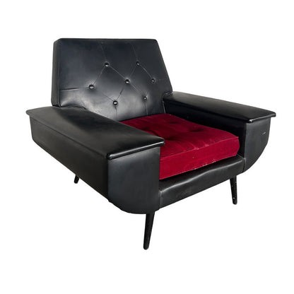 Mid-Century Black Vinyl Armchair with Red Seat Cushion