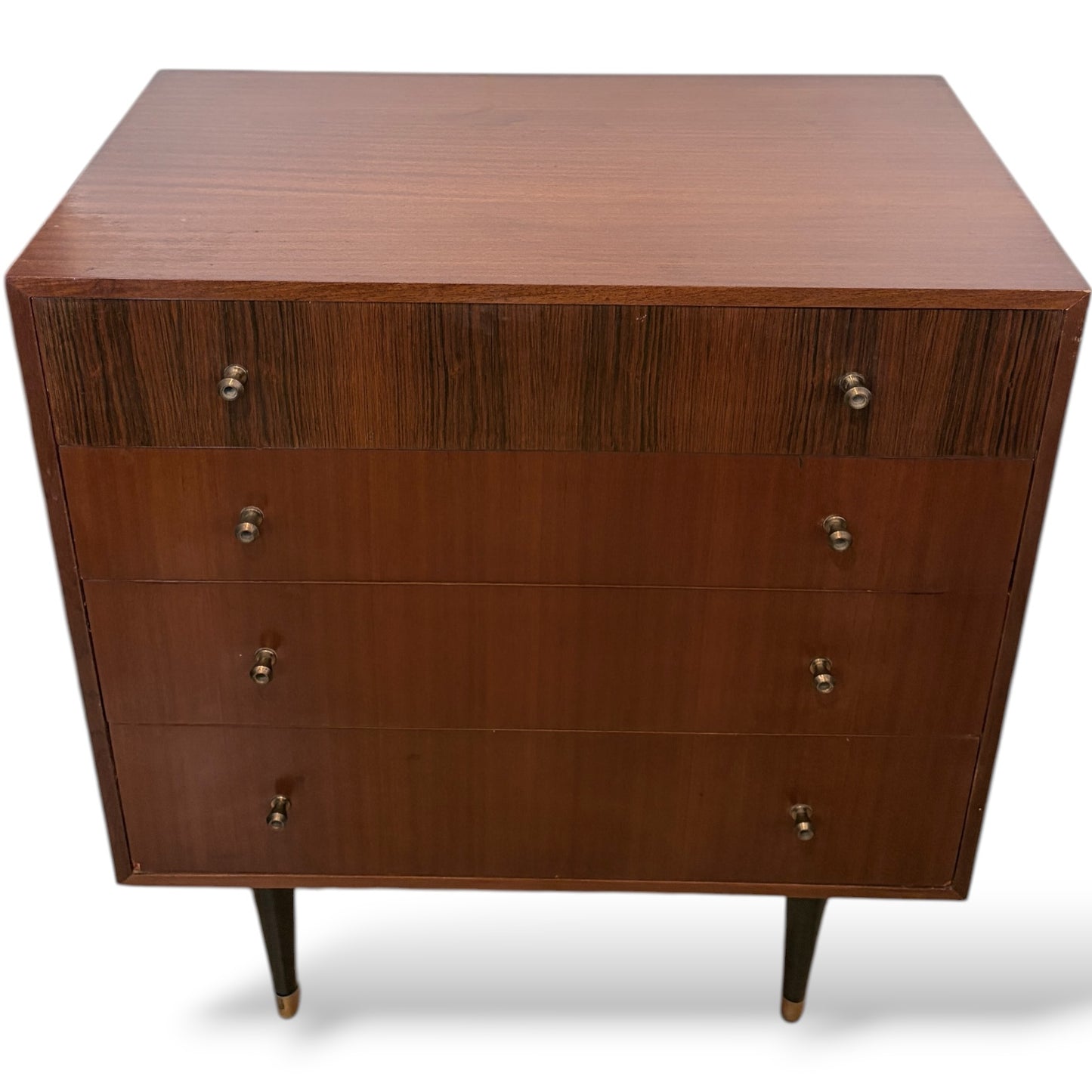 Mid Century Chest Drawers – Four Drawer Chest with Atomic Style Legs & Brass Tips
