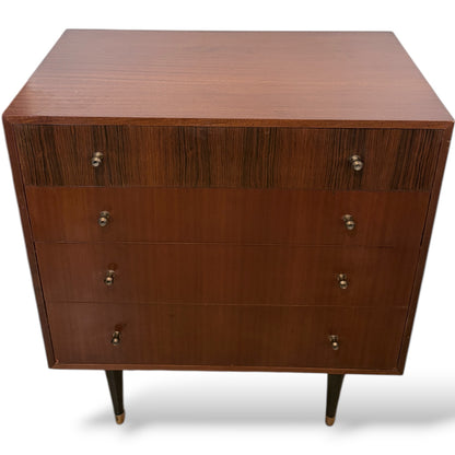 Mid Century Chest Drawers – Four Drawer Chest with Atomic Style Legs & Brass Tips