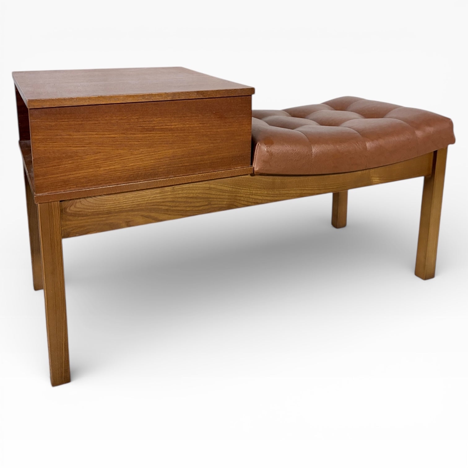 Mid Century Teak Bench - Vintage Hall Bench with Leather Upholstered Seat & Storage — view 5