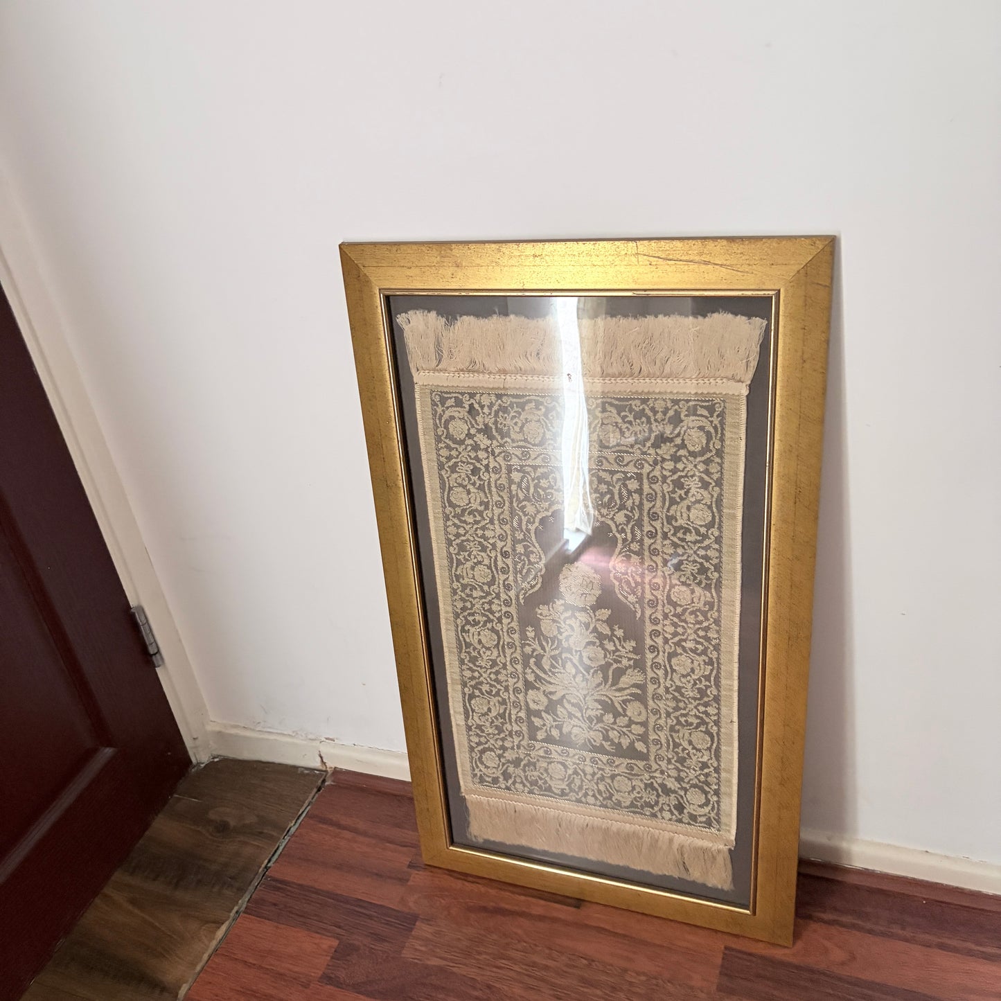 Framed Vintage Islamic Prayer Rug | Woven Textile Wall Art | Gold Frame