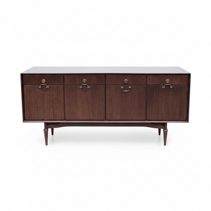 Mid-Century Sideboard - Wooden Vintage Storage With Brass Handles & Tapered Legs