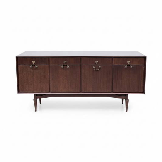 Mid-Century Sideboard - Wooden Vintage Storage With Brass Handles & Tapered Legs