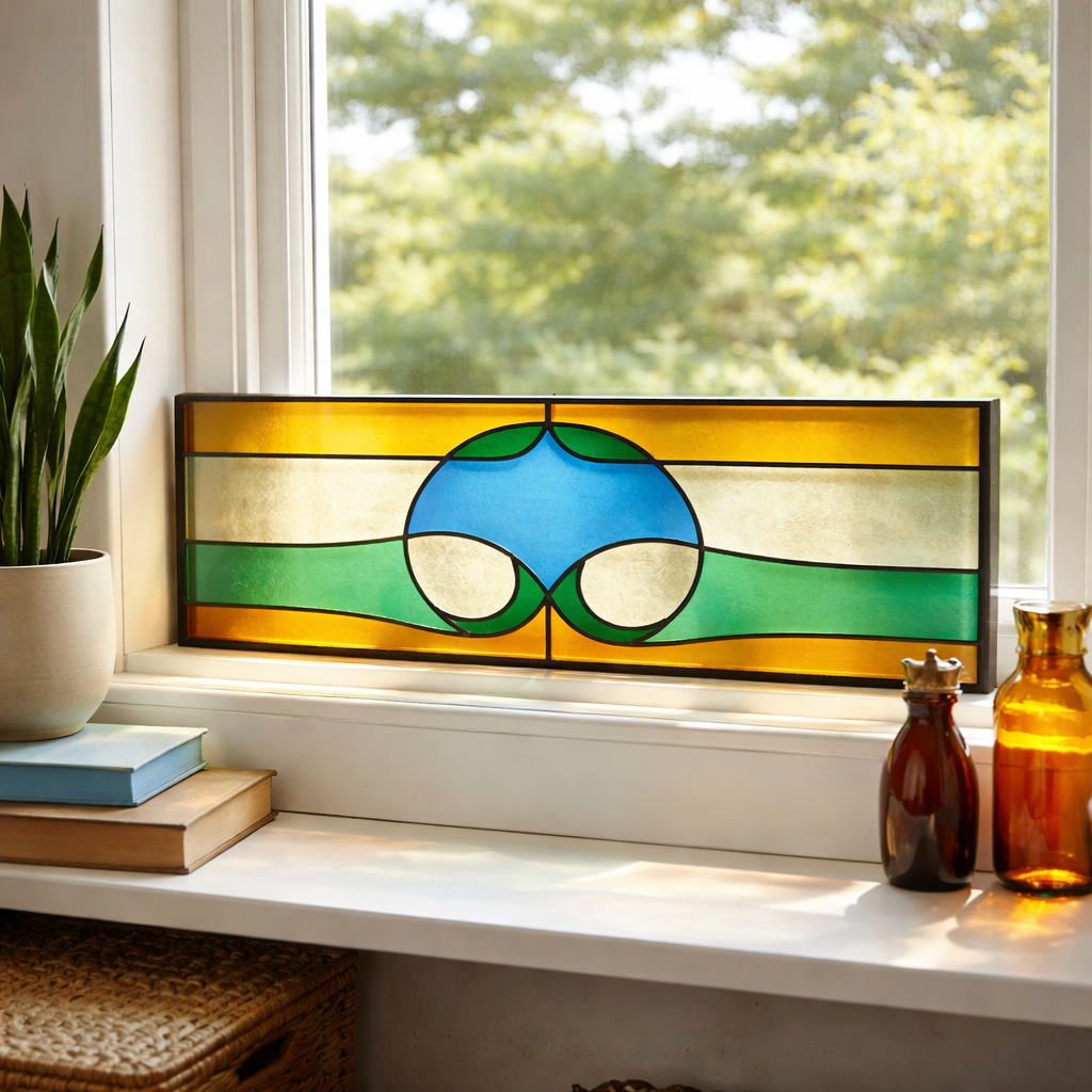 Vintage Stained Glass Window Panel – Geometric Leaded Glass in Green, Amber & Blue