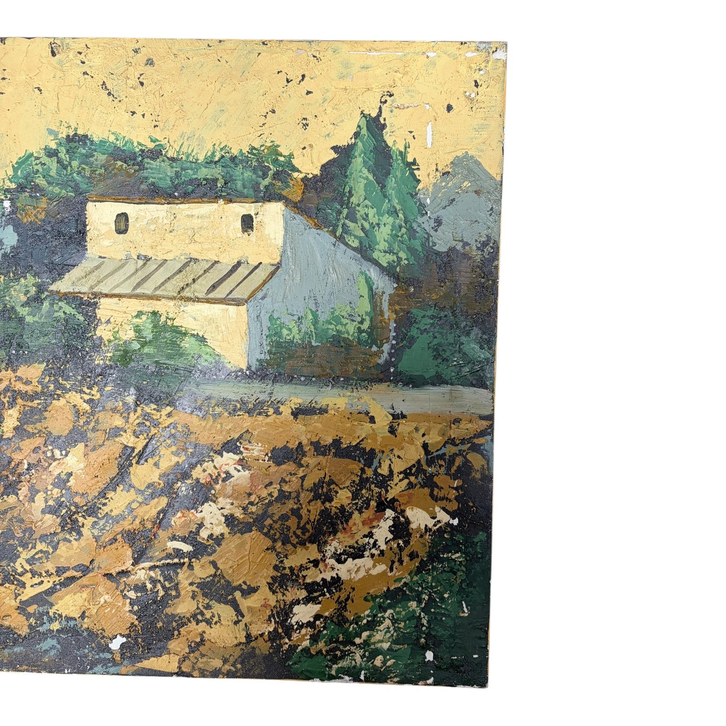 Vintage Textured Landscape Painting – Rustic House Scene, Impasto Wall Art