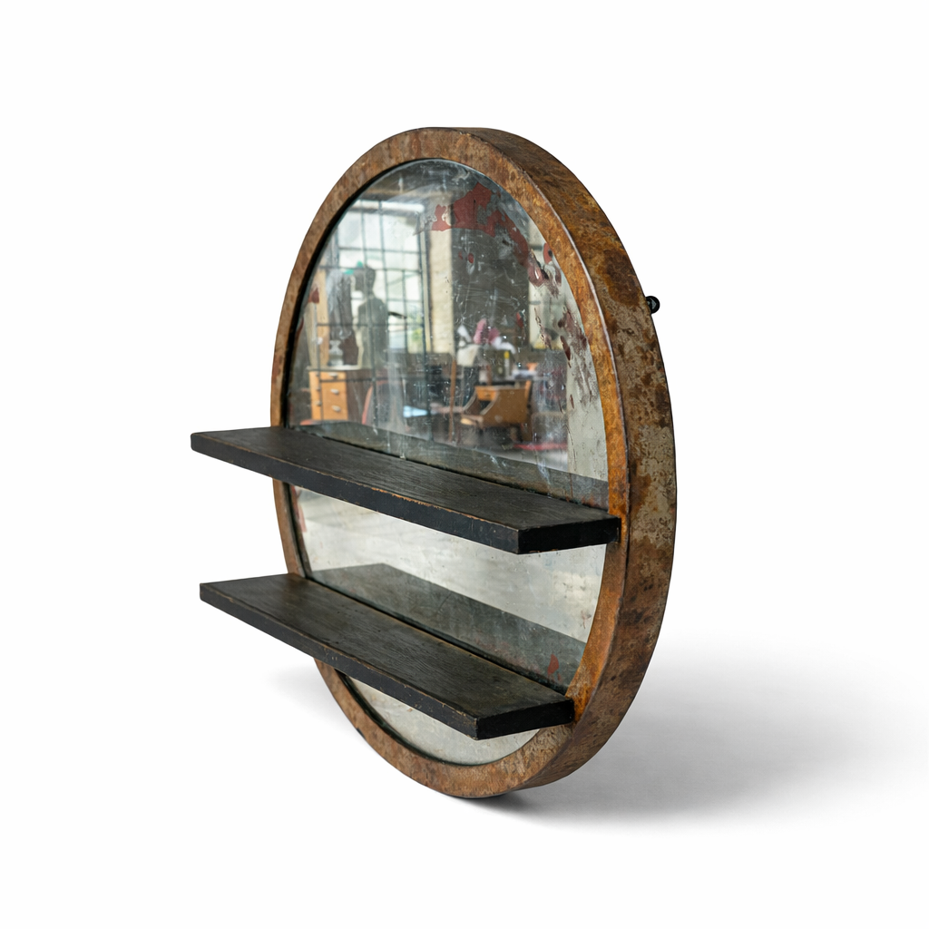 Antique Large Industrial Circular Mirror with Shelves — view 3