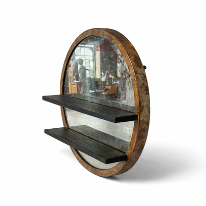 Antique Large Industrial Circular Mirror with Shelves — view 3