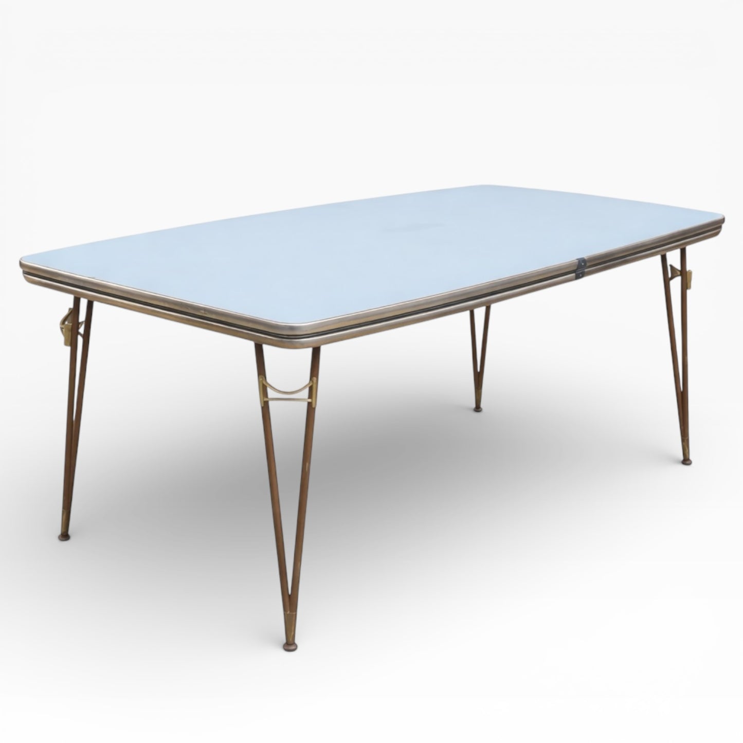 Mid Century Italian Blue Formica Dining Table with Brass & Tapered Legs – 1950s Retro Kitchen Table