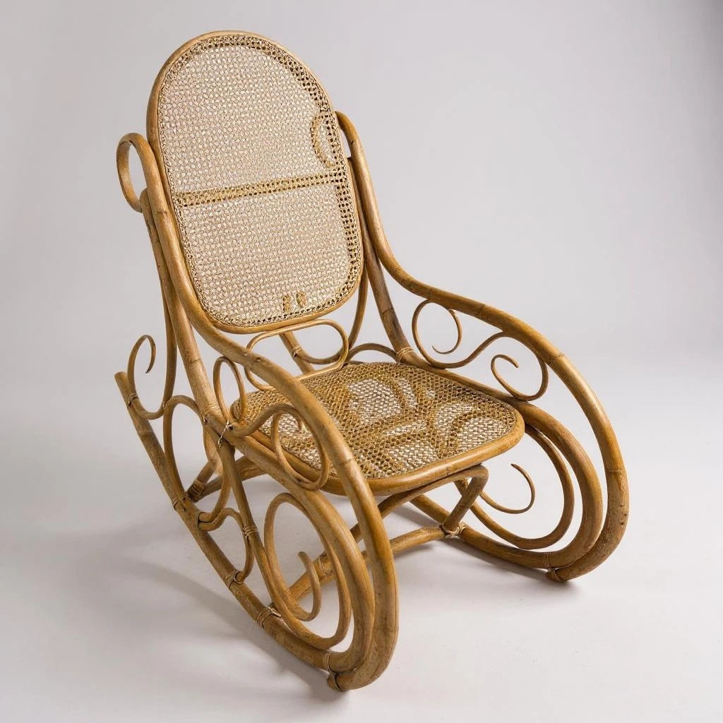 Mid Century Bamboo & Rattan Rocking Chair with Matching Footstool