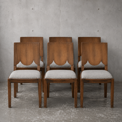 Art Deco Walnut Dining Chairs – Set of Six Sculptural Vintage Dining Chairs