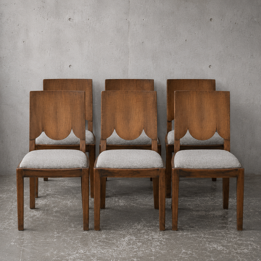Art Deco Walnut Dining Chairs – Set of Six Sculptural Vintage Dining Chairs