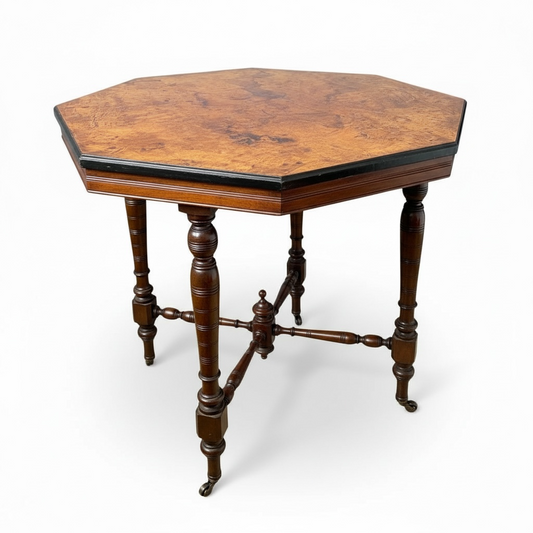 Antique Burr Walnut Table | Compact Octagonal Dining Table with Ebonised Edge & Mahogany Base