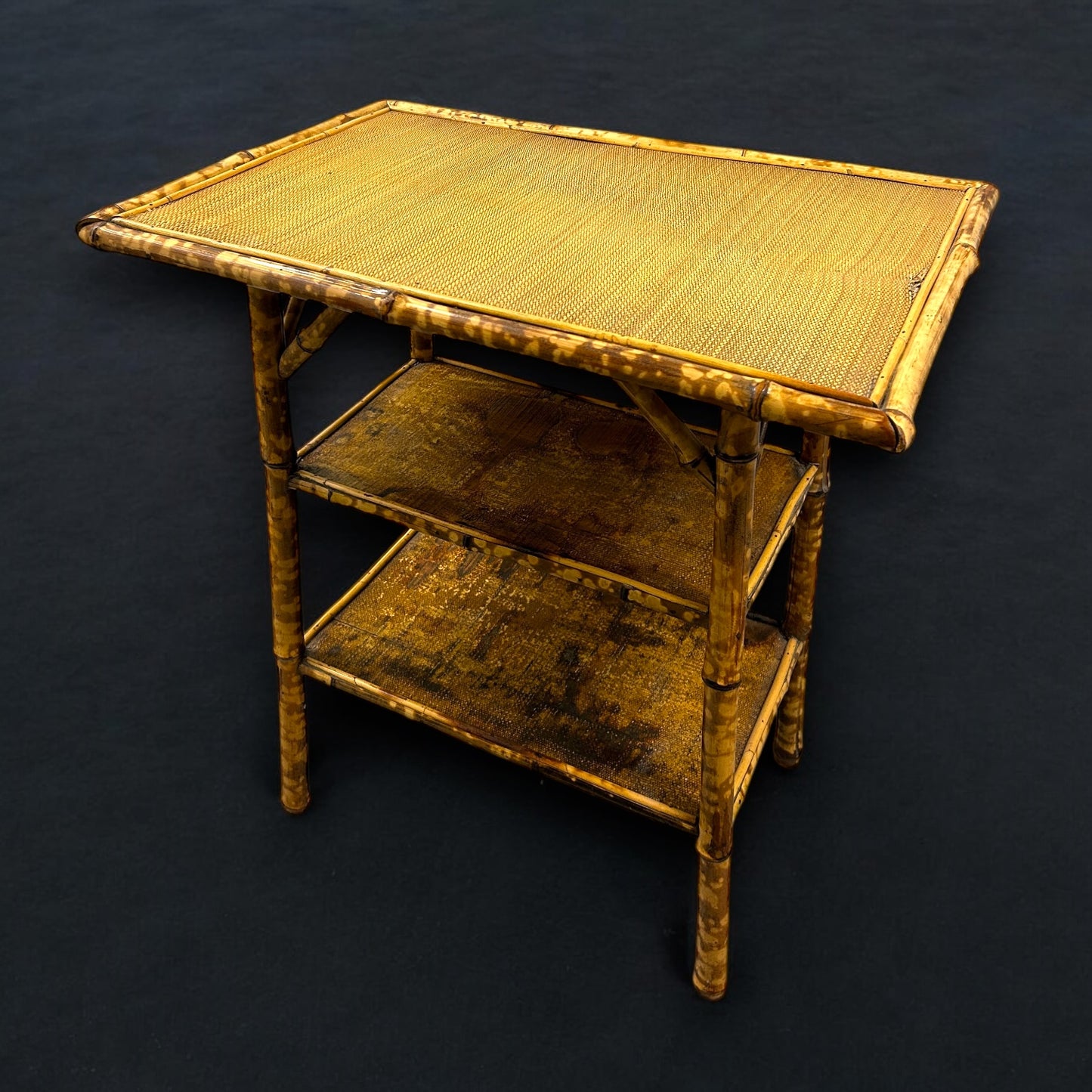 Mid Century Tiger Bamboo Two Tier Shelf Table