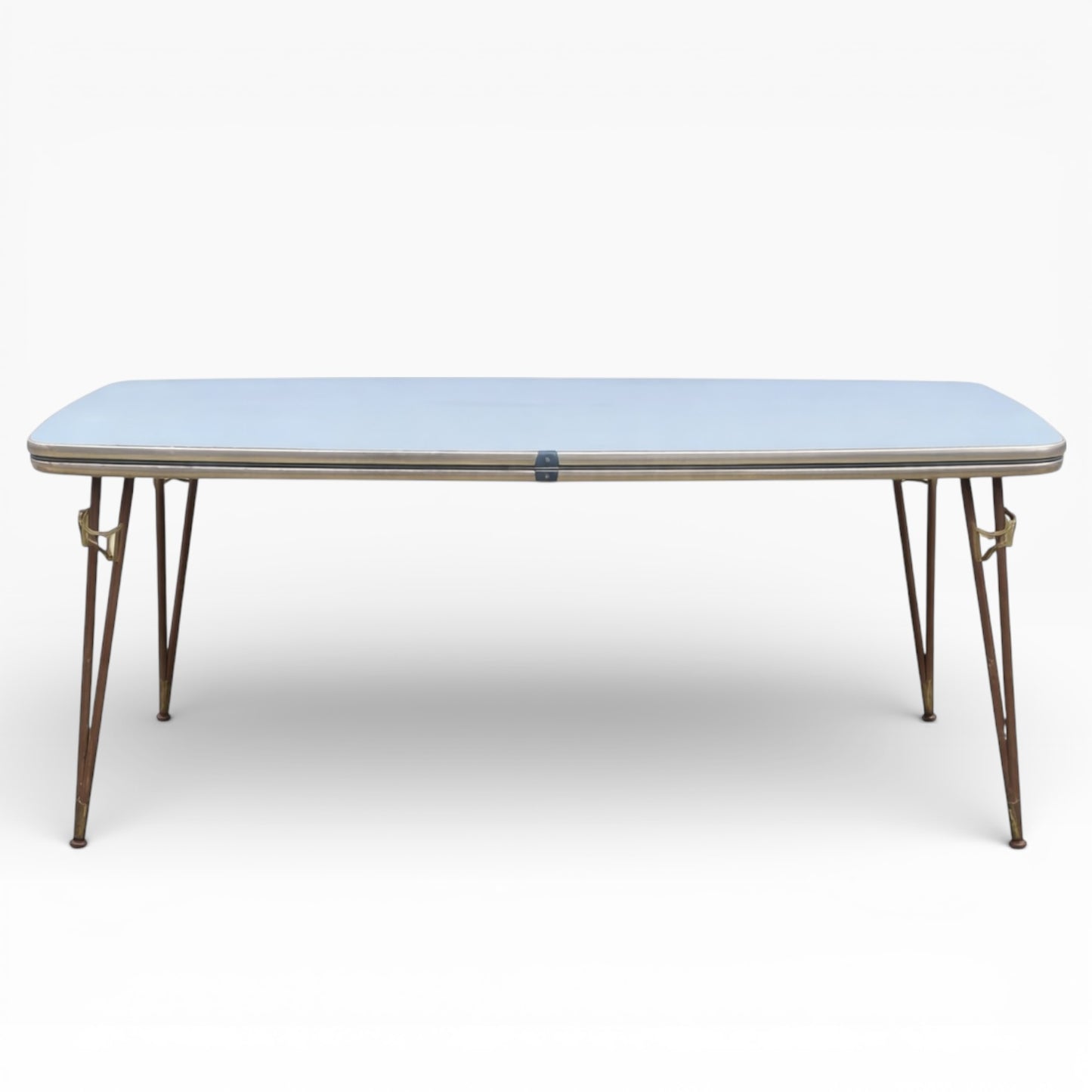 Mid Century Italian Blue Formica Dining Table with Brass & Tapered Legs – 1950s Retro Kitchen Table — view 2