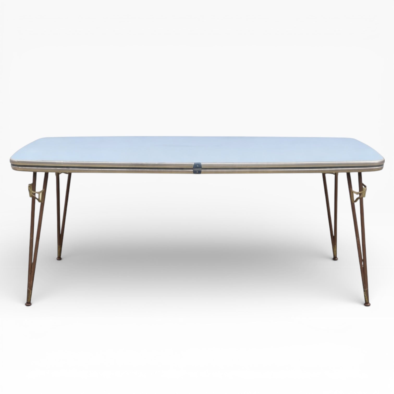 Mid Century Italian Blue Formica Dining Table with Brass & Tapered Legs – 1950s Retro Kitchen Table — view 2