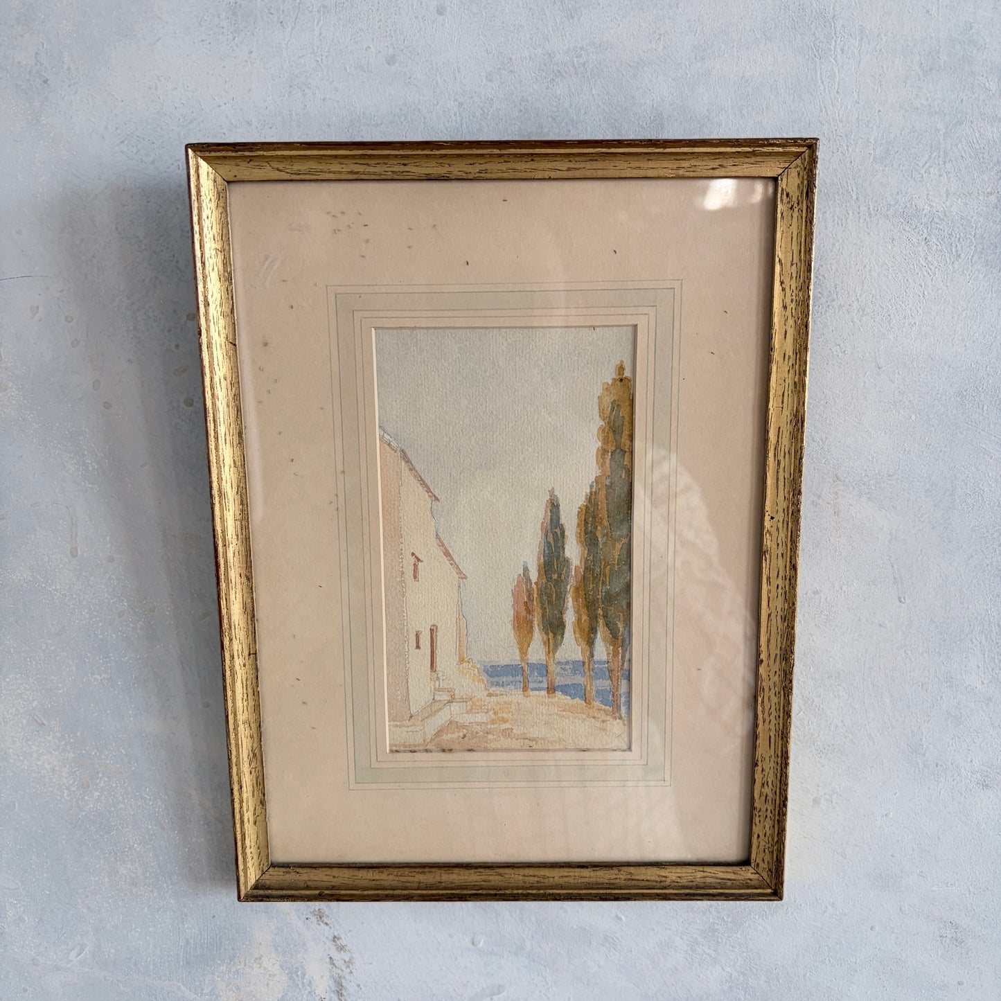 Framed Vintage Watercolour – Dreamy Coastal Scene in Gilt Frame
