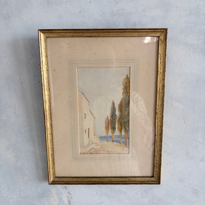 Framed Vintage Watercolour – Dreamy Coastal Scene in Gilt Frame