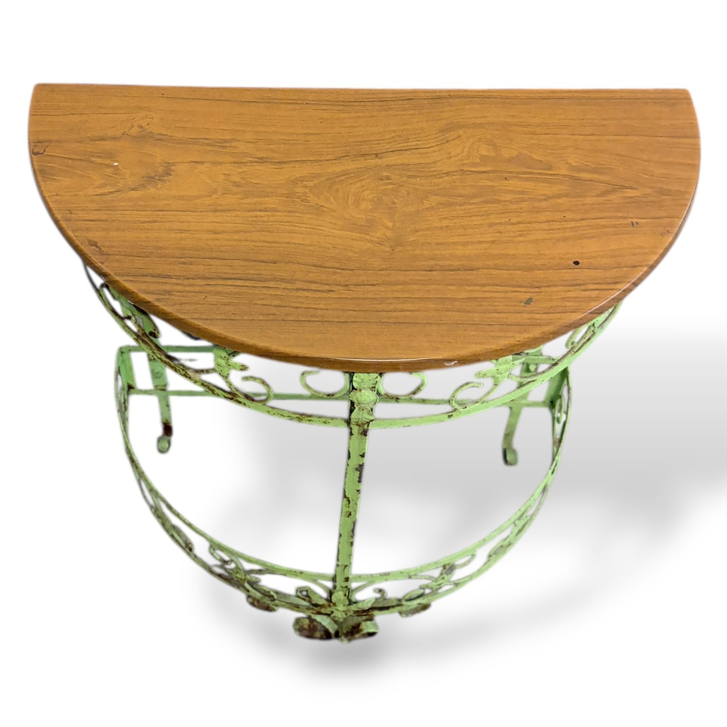 Vintage Wrought Iron Demi-Lune Console Table with Wooden Top — view 3