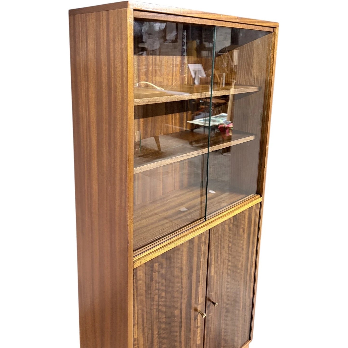 Morris of Glasgow Walnut & Teak Slim Bookcases — Matching Pair