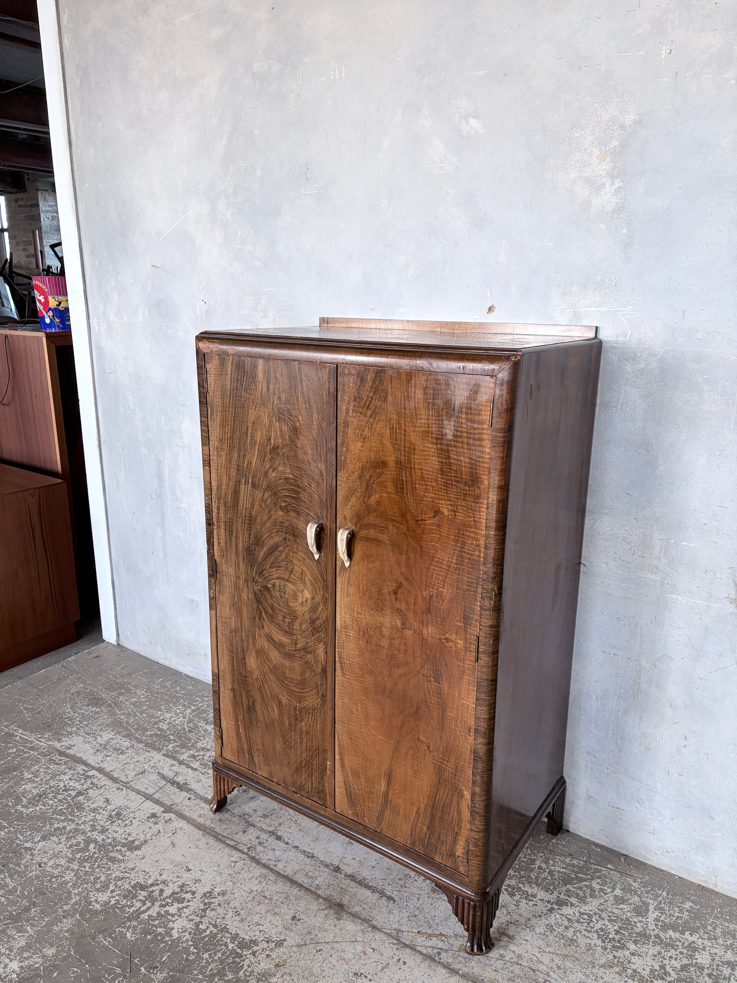 Art Deco Walnut Compact Wardrobe with Interior Shelving
