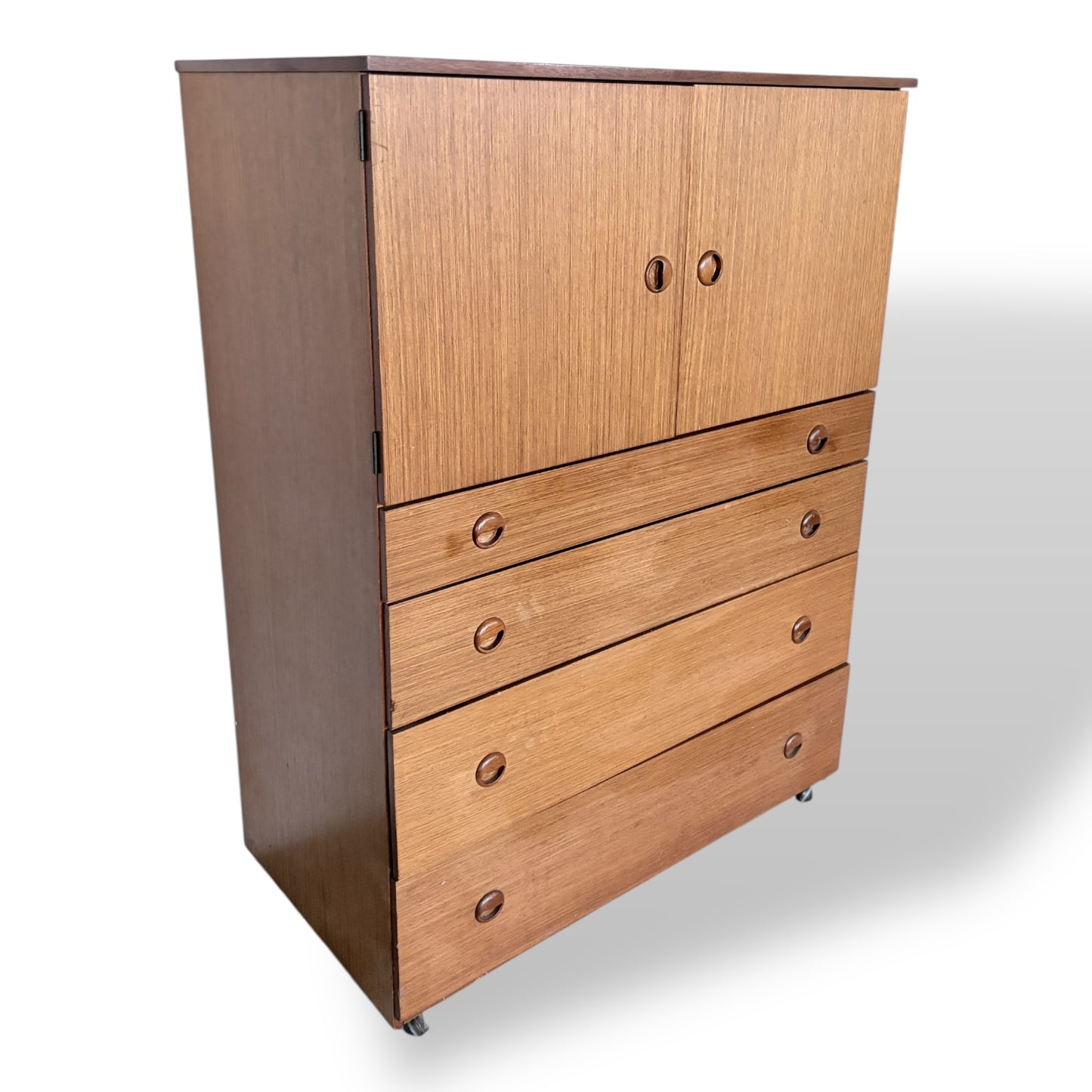 Schreiber Teak Tallboy Cabinet with Drawers – Mid Century