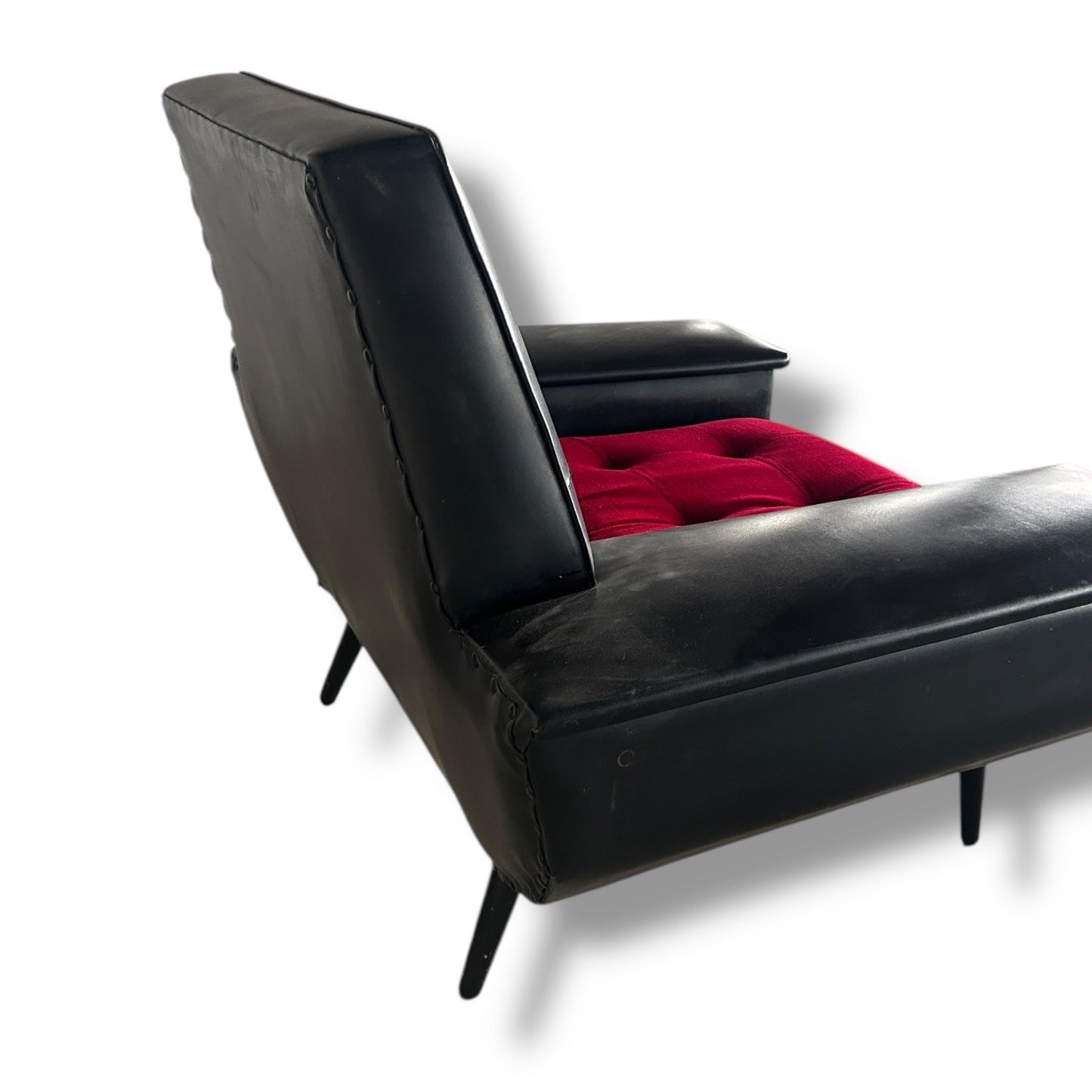 Mid-Century Black Vinyl Armchair with Red Seat Cushion