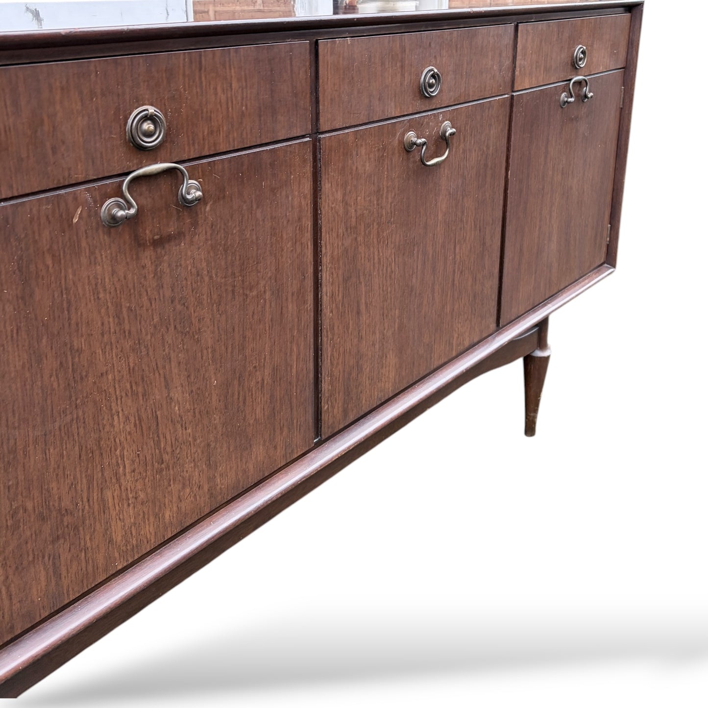 Mid-Century Sideboard - Wooden Vintage Storage With Brass Handles & Tapered Legs