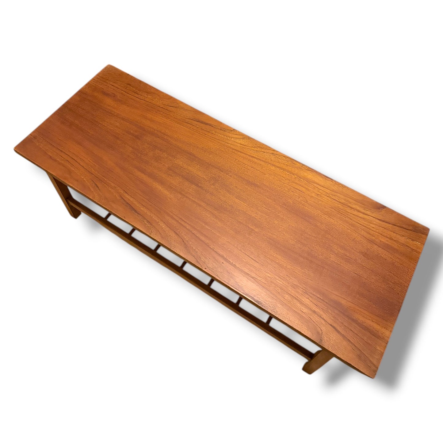 Danish Teak Coffee Table – Mid Century Vintage 1960s Solid Teak Top with Slatted Shelf