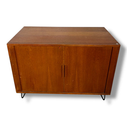 Mid Century Danish Teak Tambour Cabinet on Hairpin Legs | Vintage Sideboard Storage