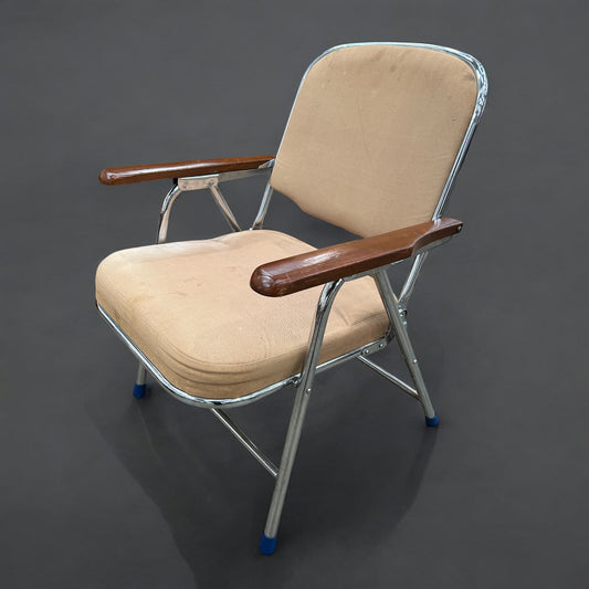 Mid Century Modern Dark Wood and Chrome Folding Armchair