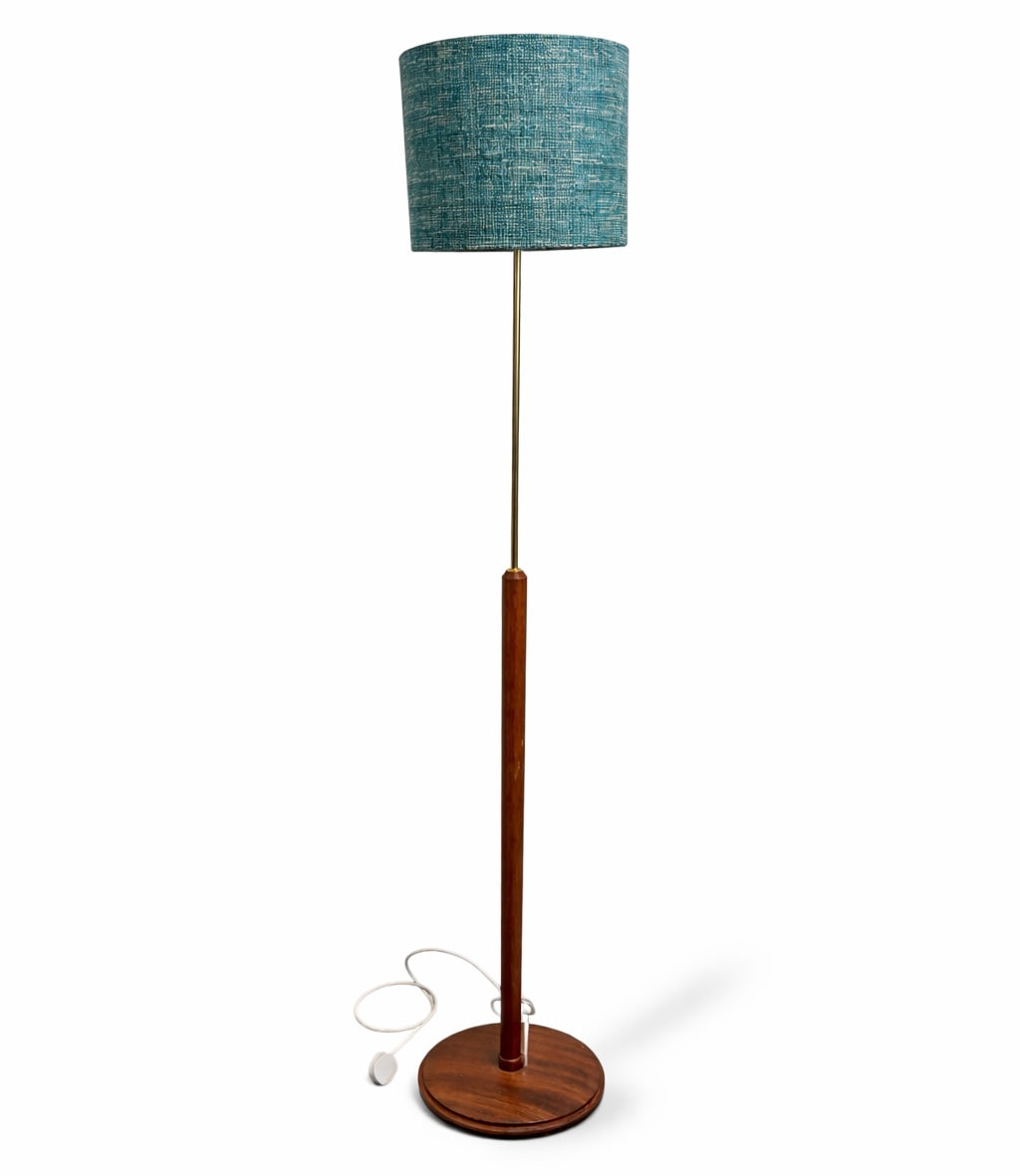Vintage Teak Mid-Century Standard Floor Lamp with Handmade Fabric Shade