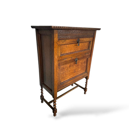 Antique Oak Two-Tier Cabinet with Turned Legs