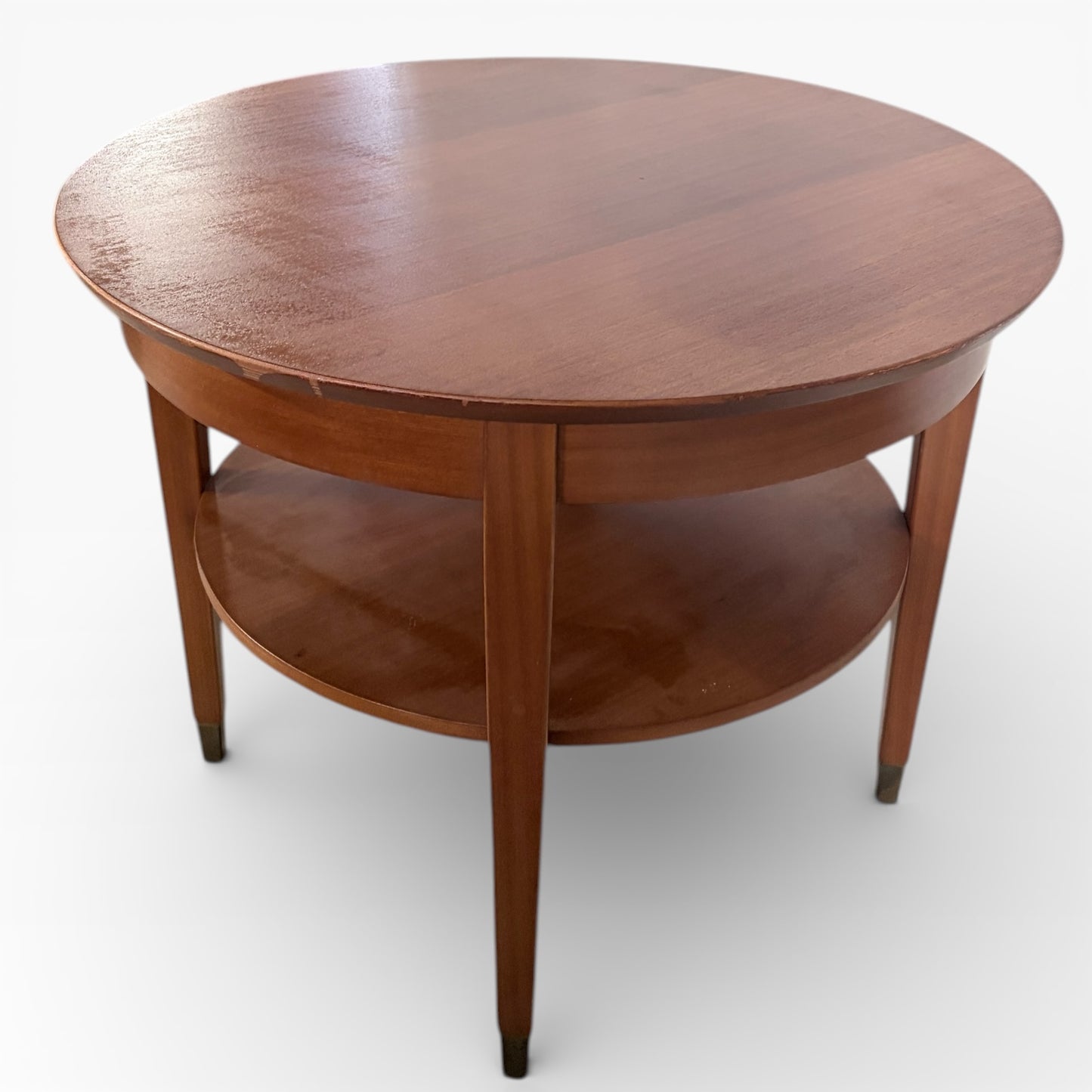 Mid Century Coffee Table - Round Two Tier Teak Table with Brass Capped Legs